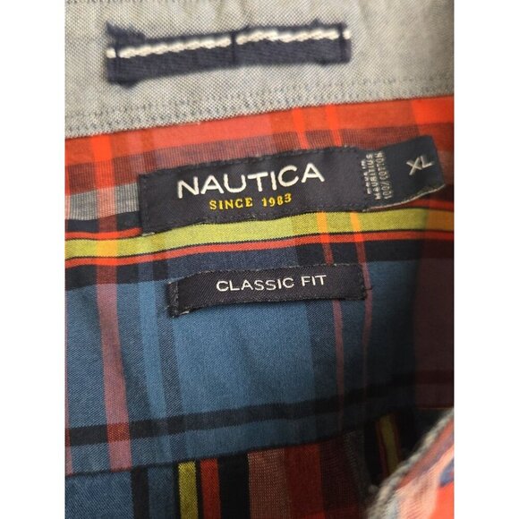 Nautica Men Dress Shirt Extra Large Red Cotton Plaid Collar Button Classic Fit - Picture 5 of 7